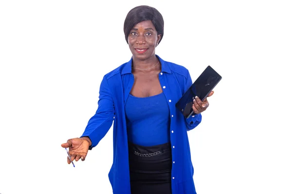 Portrait Beautiful Mature Businesswoman Holding Pen Tablet While Smiling Camera — Stock Fotó
