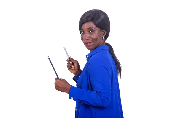 Beautiful Businesswoman Blue Shirt Standing White Background Holding Credit Card — Stock Fotó