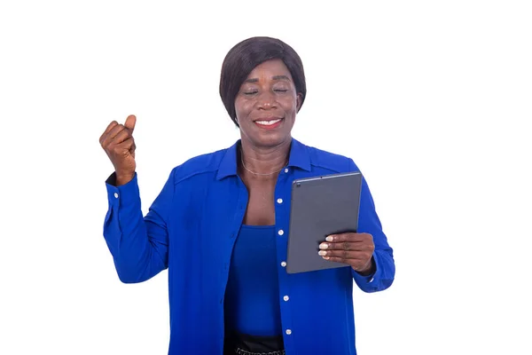 Beautiful Businesswoman Blue Shirt Sitting White Background Making Victory Gesture — Stock Photo, Image