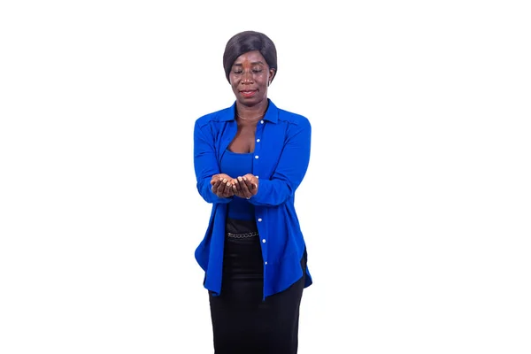 Portrait Beautiful Mature Business Woman Showing Her Empty Palms While — Stock Photo, Image