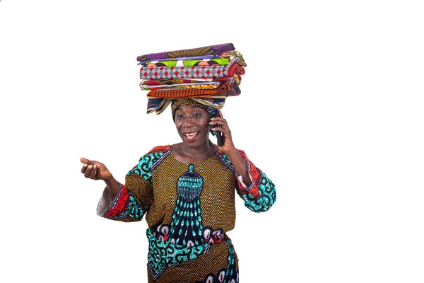 Portrait Woman Traditional Loincloths Her Head Talking Mobile Phone While — Fotografia de Stock