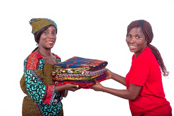 Portrait Beautiful Woman Customer Holding Traditional Loincloths Together While Smiling — Stock fotografie