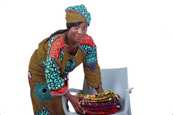 Portrait Beautiful Woman Standing Posing Several Traditional Loincloths Chair Smiling — Fotografia de Stock