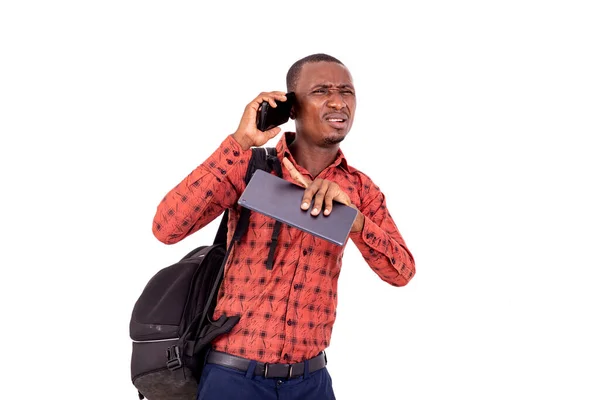 Retrato Jovem Empresário Preocupado Segurando Tablet Digital Falando Celular — Fotografia de Stock