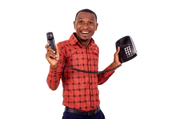 Pohledný Podnikatel Kostkované Košili Stojící Nad Bílým Pozadím Drží Telefon — Stock fotografie