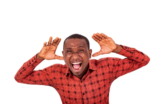 Young Man Checkered Shirt Standing White Background Making Faces — Stock Photo, Image