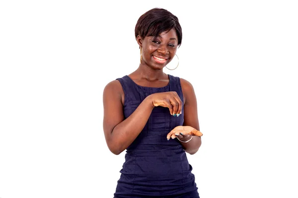 Portrait Beautiful Young Woman Holding Something Palm Smiling — Stock Photo, Image