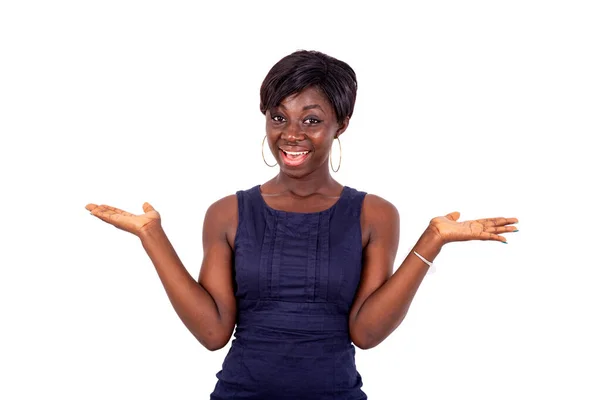 Portrait Beautiful Young Woman Holding Blank Space Her Palms While — Stock Photo, Image