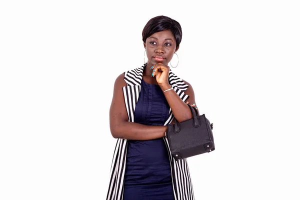 Portrait Pensive Young Woman Holding Handbag Crossing Her Arms Raising — Stock Photo, Image