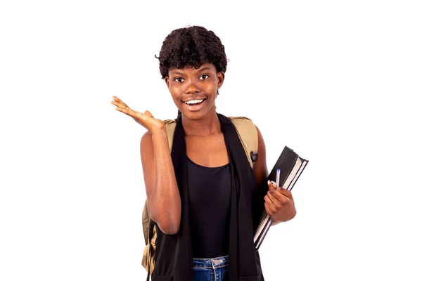 Junges Glückliches Studentenmädchen Mit Rucksack Und Überraschter Gestikulierender Hand Beim — Stockfoto