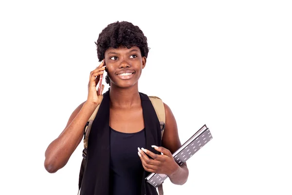 Young Happy Student Girl Wearing Backpack Holding Book Talking Mobile — Stock Photo, Image