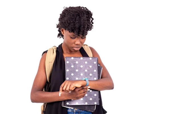 Student Girl Wearing Backpack Looking Time Her Wrist Watch — Stock Photo, Image