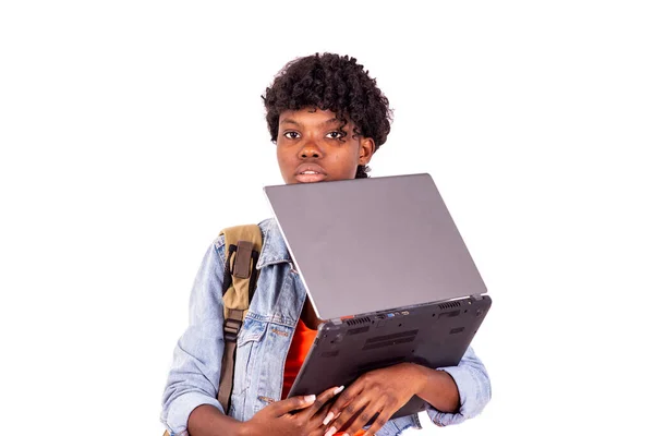 Bela Estudante Menina Vestindo Uma Mochila Segurando Laptop — Fotografia de Stock