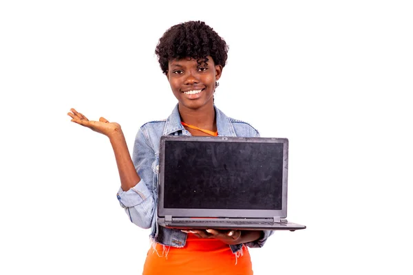 Young Student Jacket Standing White Background Presenting Laptop Making Hand — Stock Photo, Image