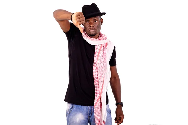 Young Man Wearing Hat Scarf Pointing Thumb — Stock Photo, Image