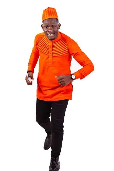 Stilig Affärsman Orange Outfit Körs Vit Bakgrund Ler — Stockfoto