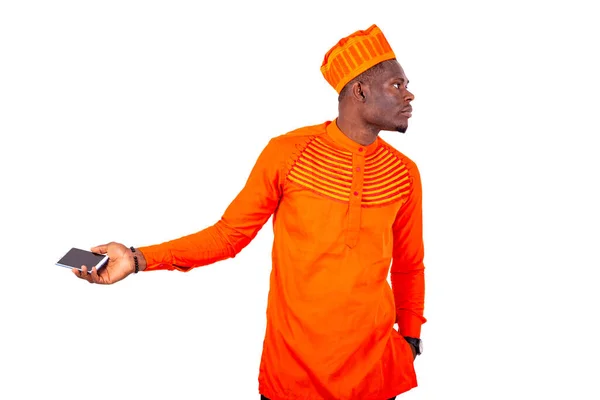 Bel Homme Affaires Vêtements Orange Debout Sur Fond Blanc Donnant — Photo