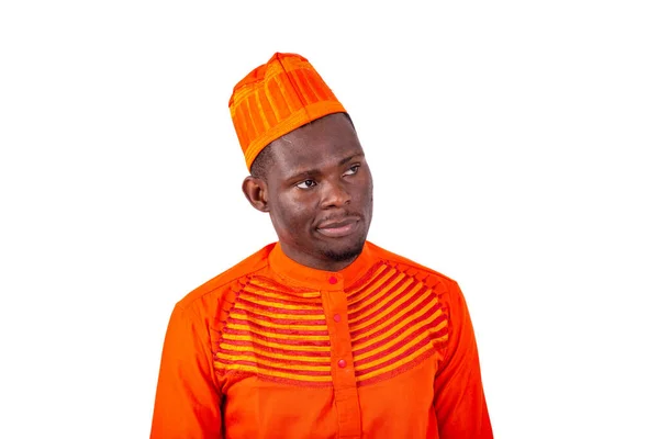 Bel Homme Affaires Vêtements Orange Debout Sur Fond Blanc Détournant — Photo
