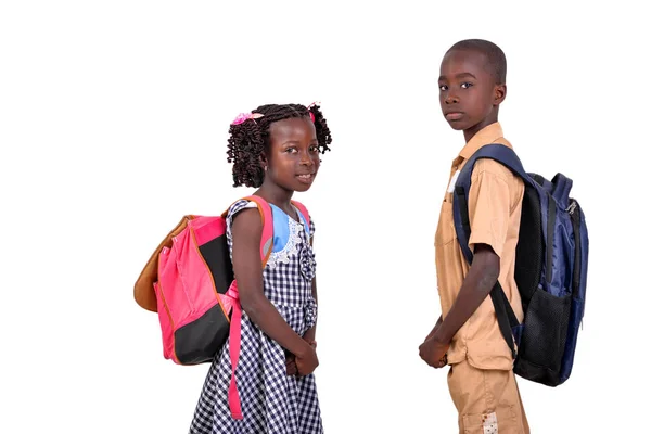 Klein Meisje Kleine Jongen Dragen Schoolkleren Staan Oog Oog Terwijl — Stockfoto