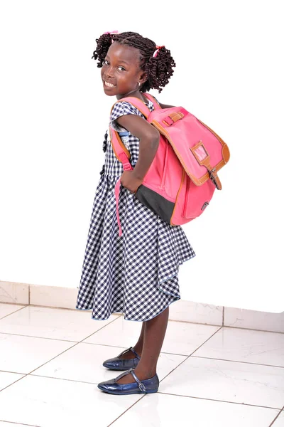 Portret Van Een Mooi Meisje Schoolkleding Een Rugzak Klaar Naar — Stockfoto