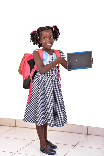 Portret Van Een Mooi Meisje Draagt School Outfit Wijzende Vinger — Stockfoto