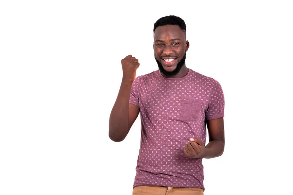 Portrait Handsome Happy Young Man Making Winning Gesture While Smiling — Stockfoto