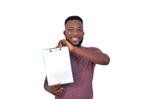 Portrait Young Man Holding Clipboard While Smiling Camera —  Fotos de Stock