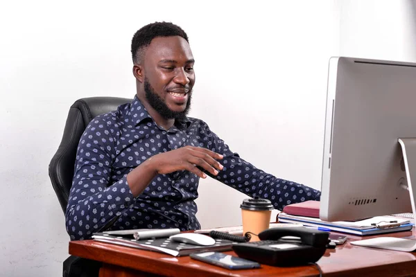 Portrait Young Businessman Working Laptop Office Smiling —  Fotos de Stock