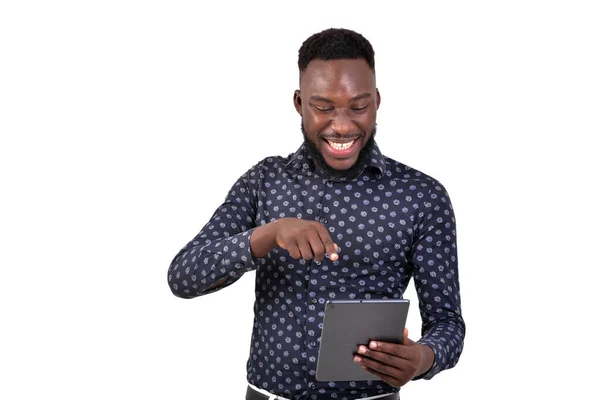 Young Bearded Man Standing White Background Pointing Tablet Smiling — Stock Photo, Image