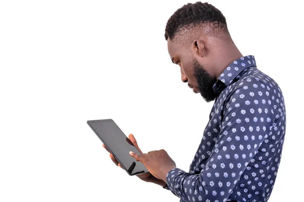 Young Bearded Man Standing White Background Doing Research Tablet —  Fotos de Stock