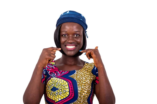 Portrait Beautiful Young Woman Pointing Her Fingers Her White Teeth — Stock Photo, Image