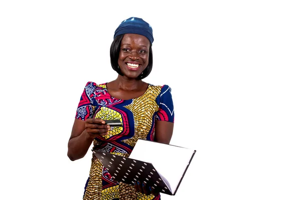 Portrait Beautiful Young Businesswoman Wearing Traditional Loincloth Holding Notebook Credit — Stock Photo, Image