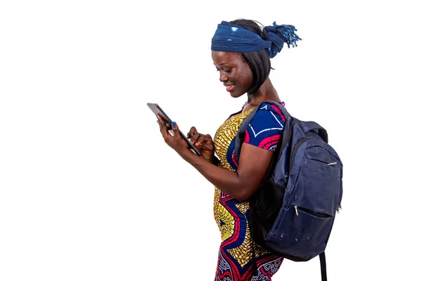 Portrait Young Student Girl Carrying Backpack Using Digital Tablet While — Stock Photo, Image