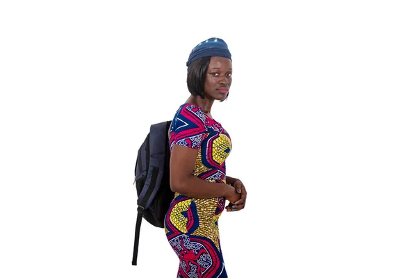 Retrato Uma Bela Jovem Estudante Carregando Uma Mochila Perto Uma — Fotografia de Stock