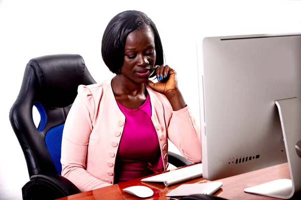 Portrait Beautiful Young Business Woman Working Laptop Workplace Office — Stock Photo, Image