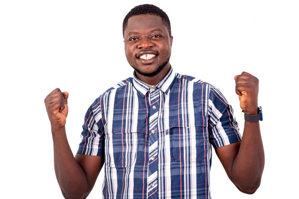 Portrait Handsome Happy Young Man Making Winning Gesture Raised Arms — Stock Photo, Image