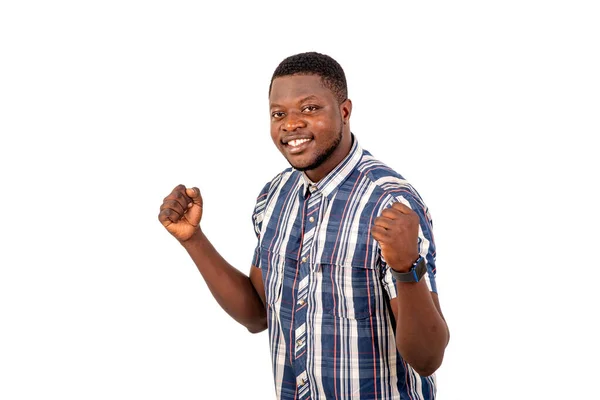 Portrait Handsome Happy Young Man Making Winning Gesture Raised Arms — Stock Photo, Image