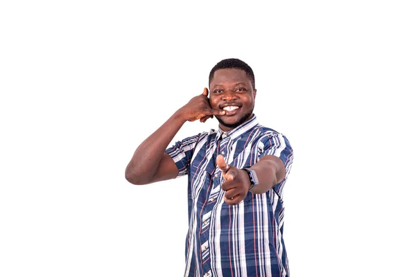 Portrait Young Man Making Telephone Gesture One Hand His Ear — Stock Photo, Image