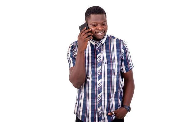 Portrait Handsome Satisfied Young Man Standing Talking Mobile Phone While — Stock Photo, Image