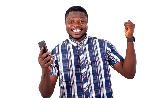 Portrait Handsome Happy Young Man Holding Mobile Phone Making Winning — Stock Photo, Image