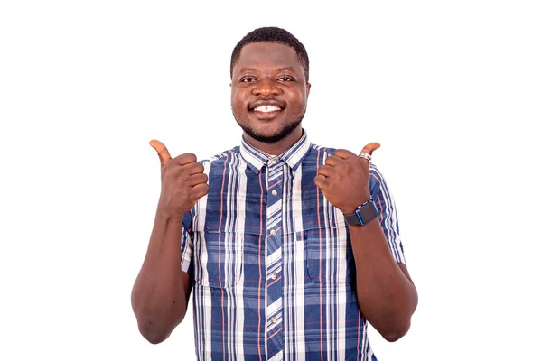 Portrait Satisfied Handsome Young Man Showing His Thumbs While Smiling — Stock Photo, Image