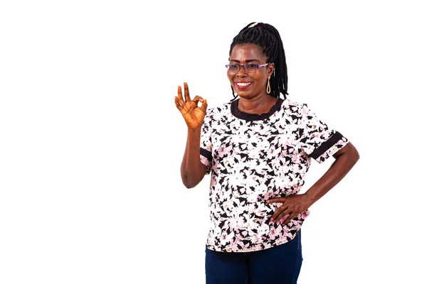 Beautiful Woman Glasses Standing White Background Showing Okay Gesture Looking — Stock Photo, Image