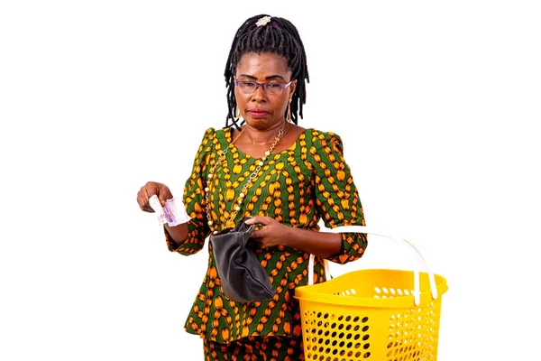Portrait Beautiful Adult Woman Holding Empty Shopping Cart Taking Money — Stock Photo, Image