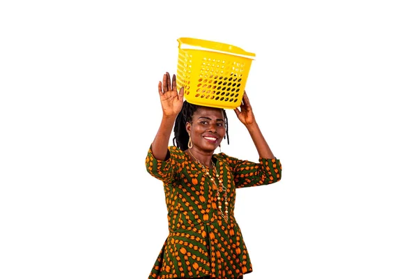 Portrait Beautiful Housewife Holding Supermarket Cart Her Head Waving While — Stock Photo, Image