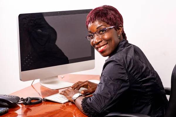 Portrait Beautiful Adult Businesswoman Wearing Optical Glasses Sitting Desk Working — Stock Photo, Image