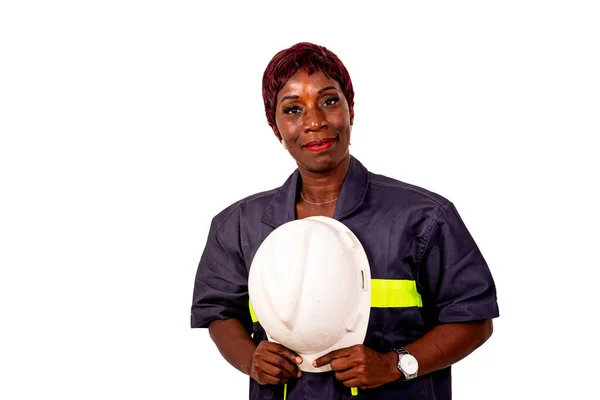 Retrato Uma Bela Engenheira Vestindo Uniforme Trabalho Segurando Capacete Segurança — Fotografia de Stock