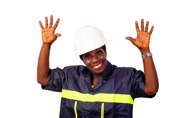 Retrato Uma Bela Engenheira Trabalhadora Vestindo Capacete Branco Uniforme Trabalho — Fotografia de Stock