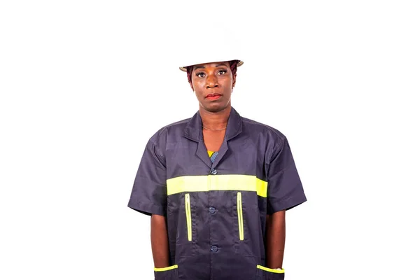 Retrato Uma Bela Engenheira Trabalhadora Vestindo Capacete Branco Uniforme Trabalho — Fotografia de Stock