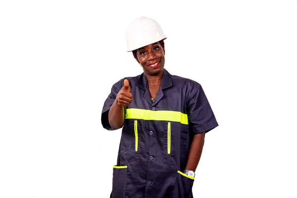 Retrato Uma Bela Engenheira Trabalhadora Vestindo Chapéu Branco Duro Uniforme — Fotografia de Stock