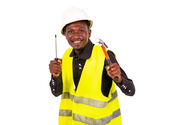 Jovem Técnico Vestindo Colete Verde Capacete Segurança Segurando Martelo Chave — Fotografia de Stock